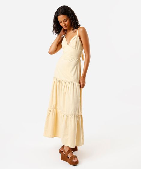 vestido marias feminino de sarja com amarração amarelo