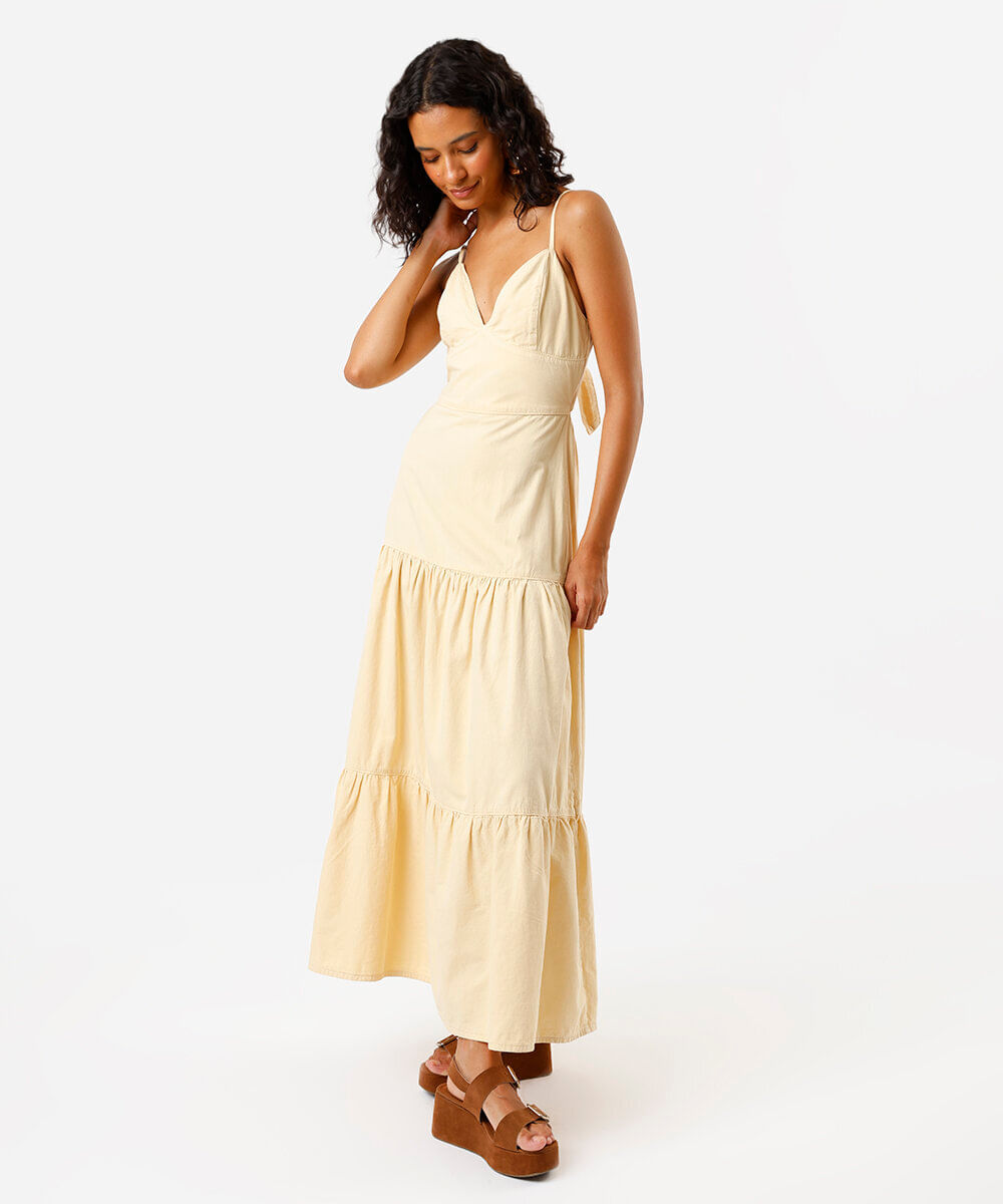 vestido marias feminino de sarja com amarração amarelo