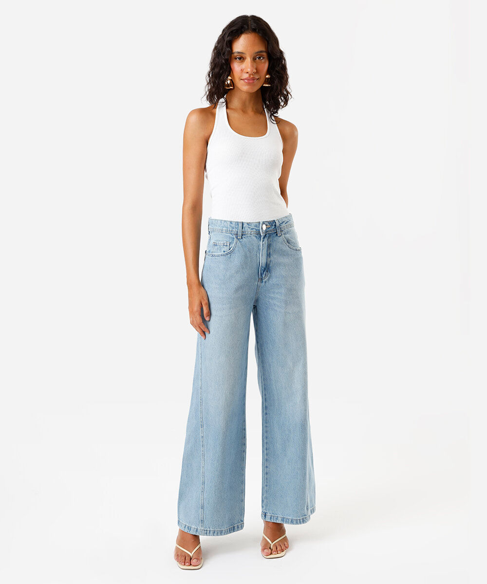 calça wide leg relaxed feminina jeans cintura média azul