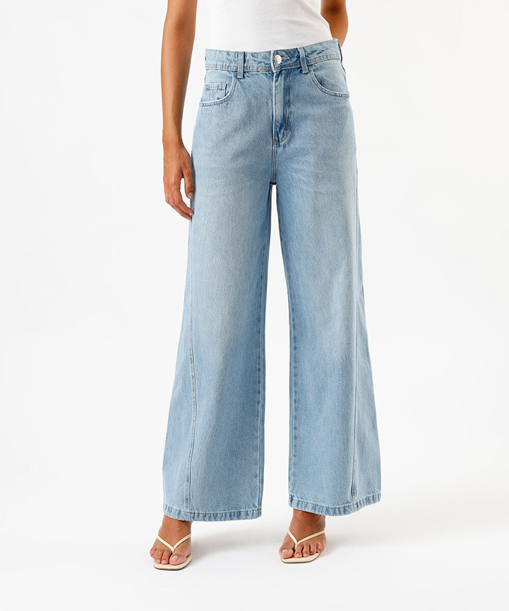 calça wide leg relaxed feminina jeans cintura média azul