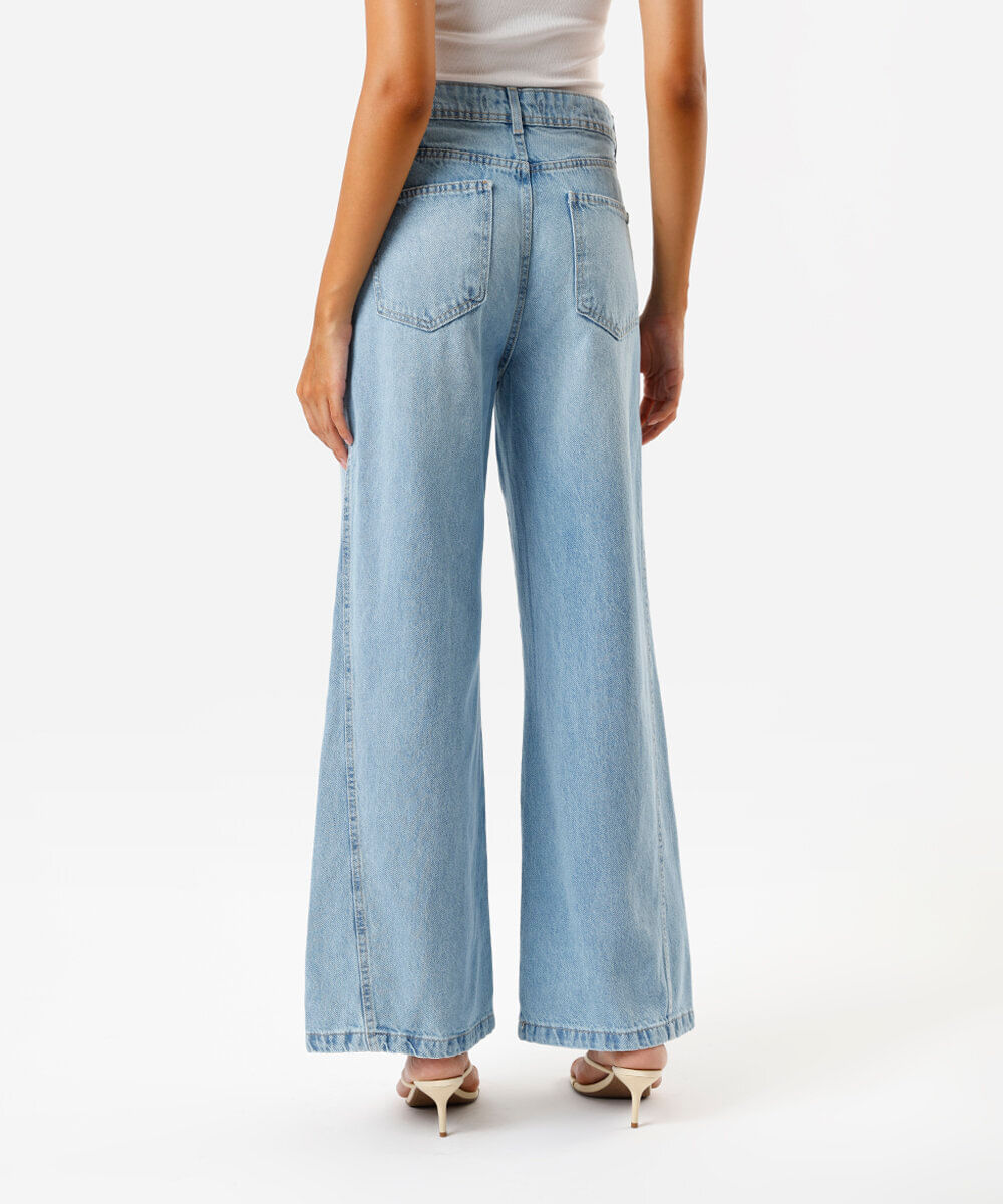 calça wide leg relaxed feminina jeans cintura média azul