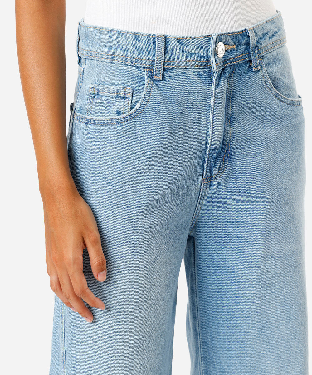 calça wide leg relaxed feminina jeans cintura média azul