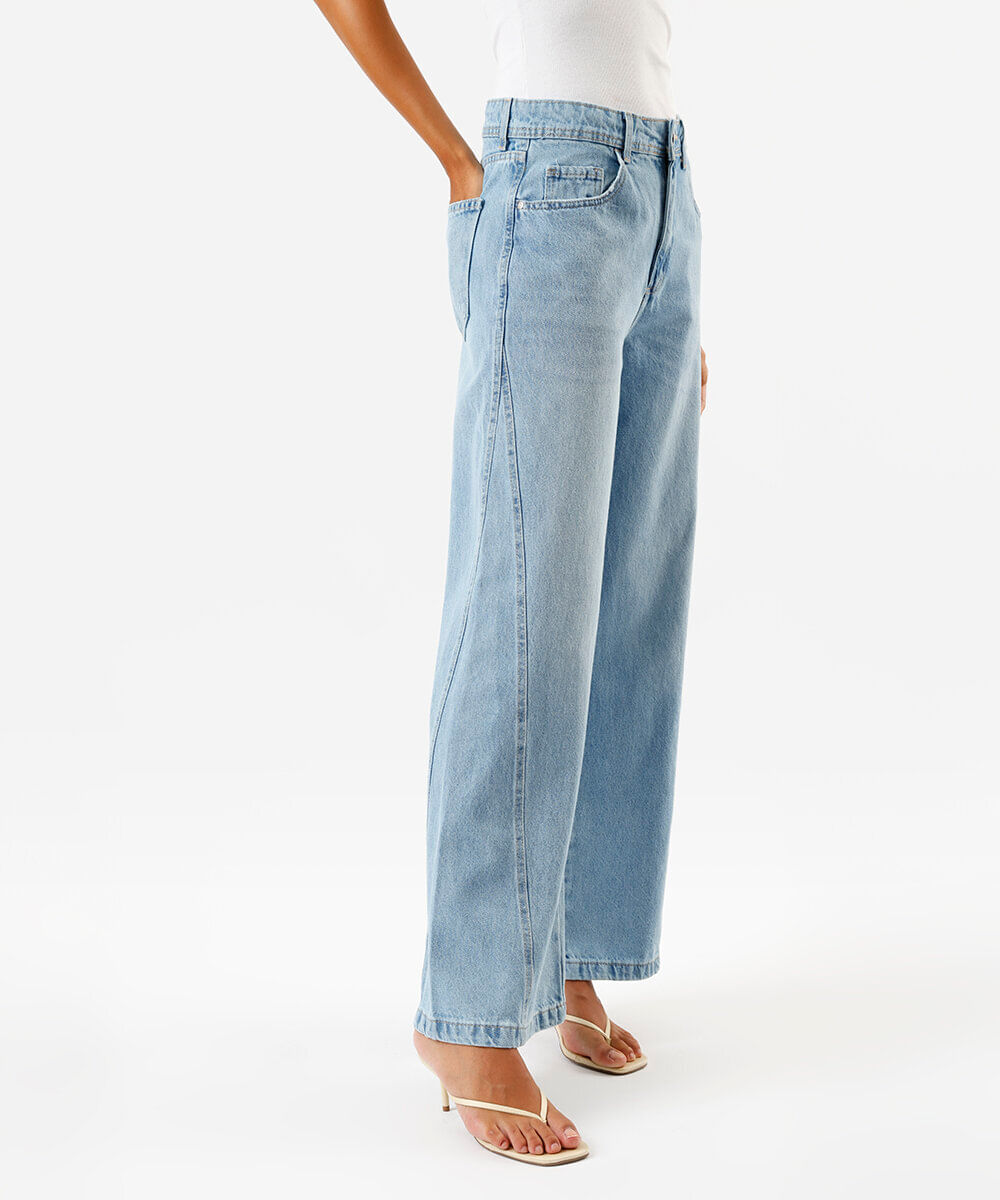calça wide leg relaxed feminina jeans cintura média azul