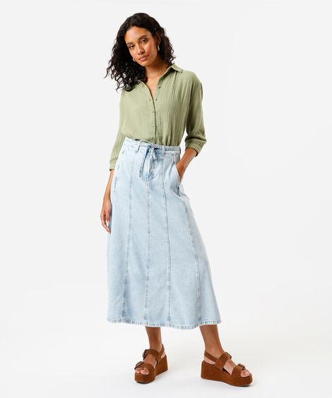 saia midi feminina jeans com cinto azul