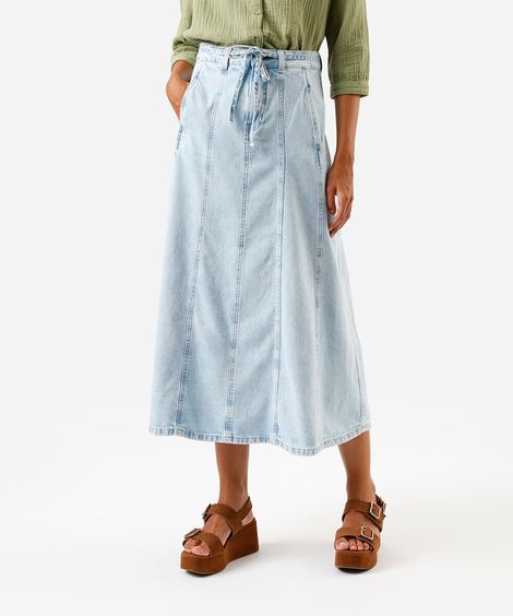 saia midi feminina jeans com cinto azul