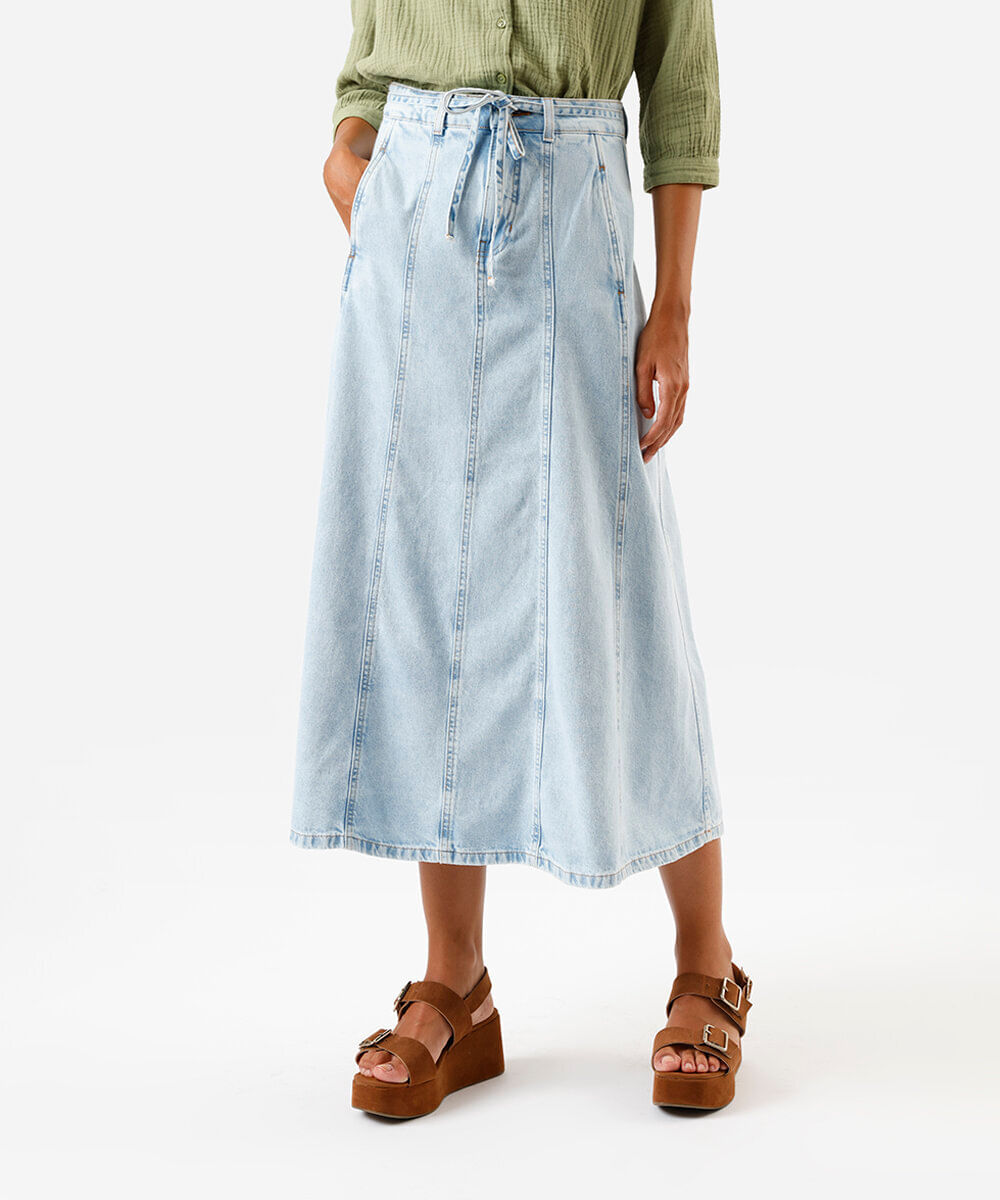saia midi feminina jeans com cinto azul