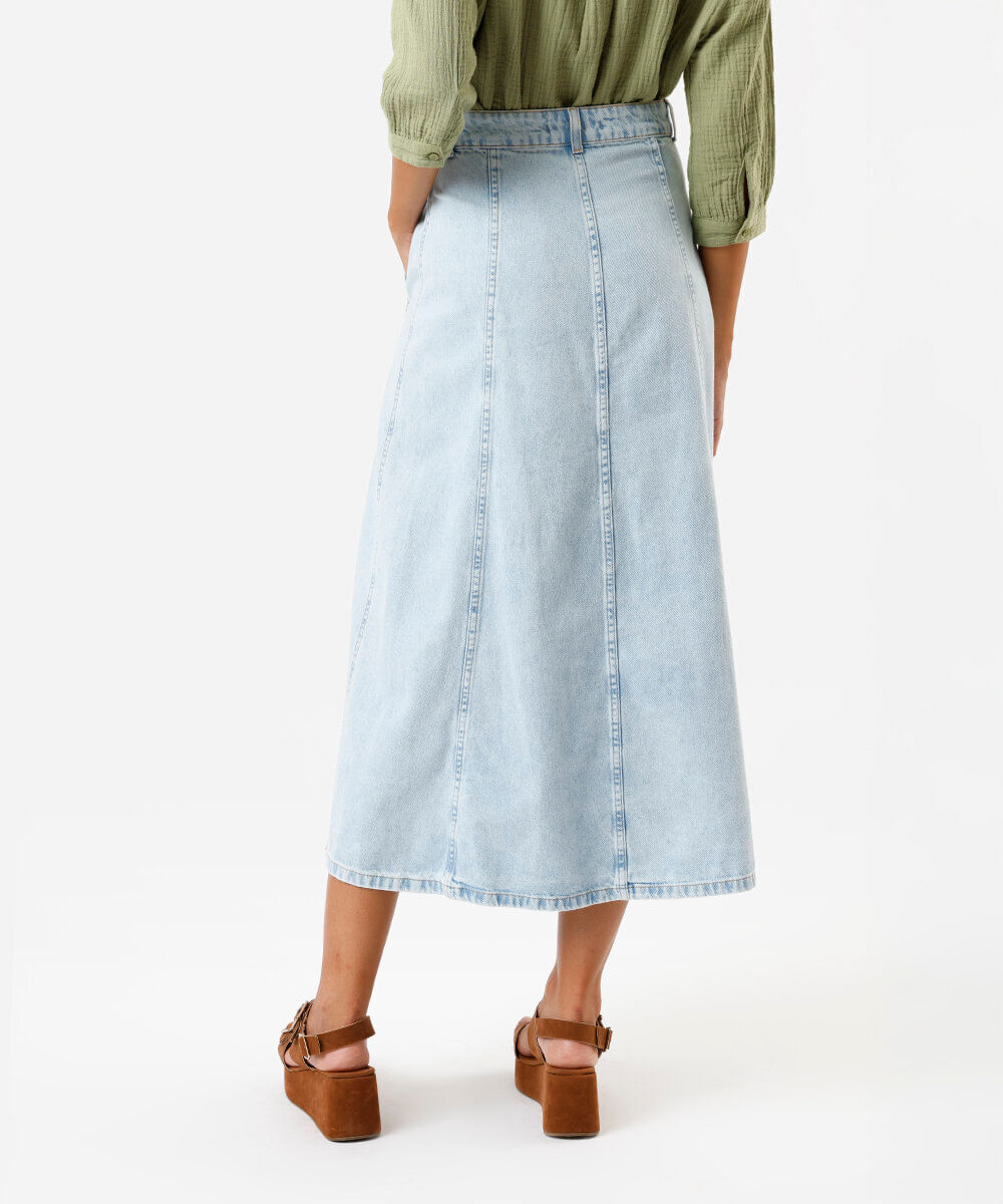 saia midi feminina jeans com cinto azul