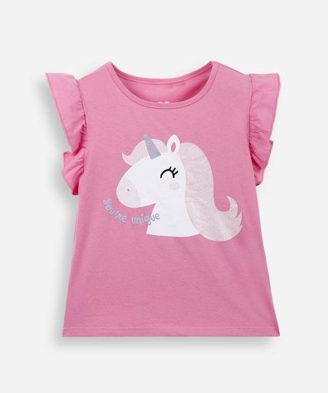 blusa infantil com babado unicórnio rosa