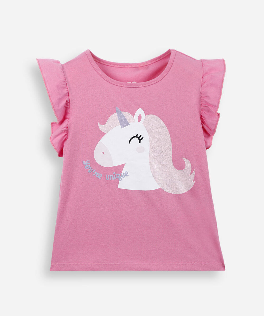 blusa infantil com babado unicórnio rosa