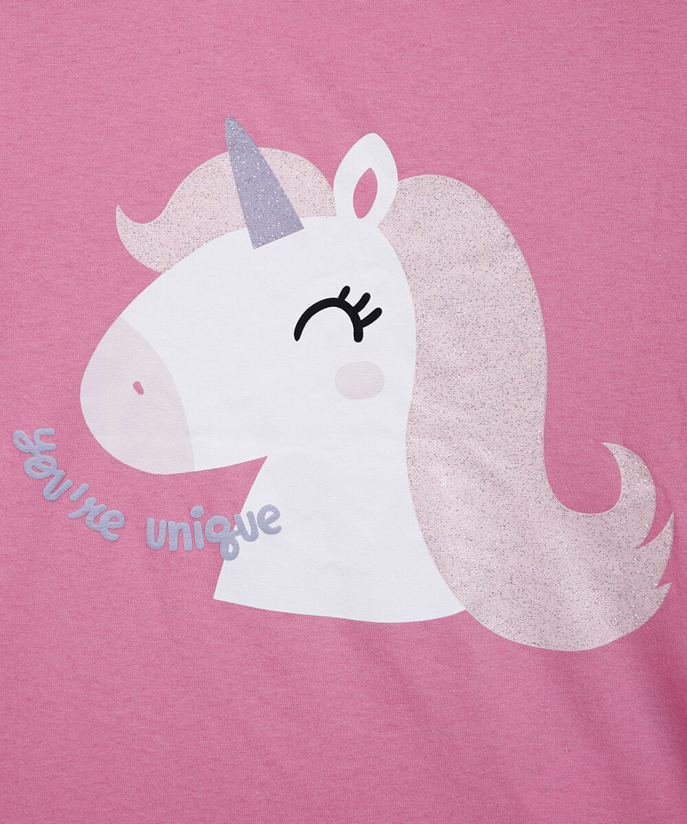 blusa infantil com babado unicórnio rosa