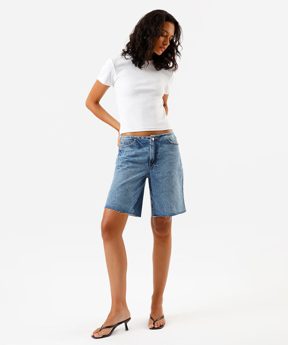 bermuda feminina jeans cintura média azul