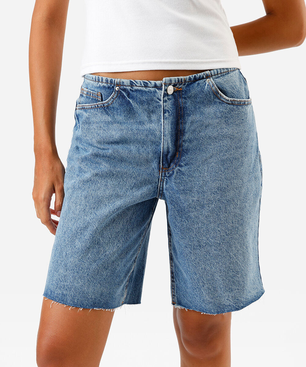 bermuda feminina jeans cintura média azul