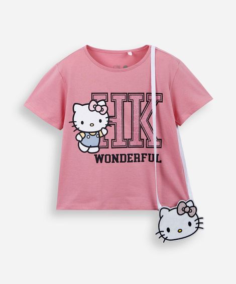 camiseta infantil hello kitty com bolsinha rosa