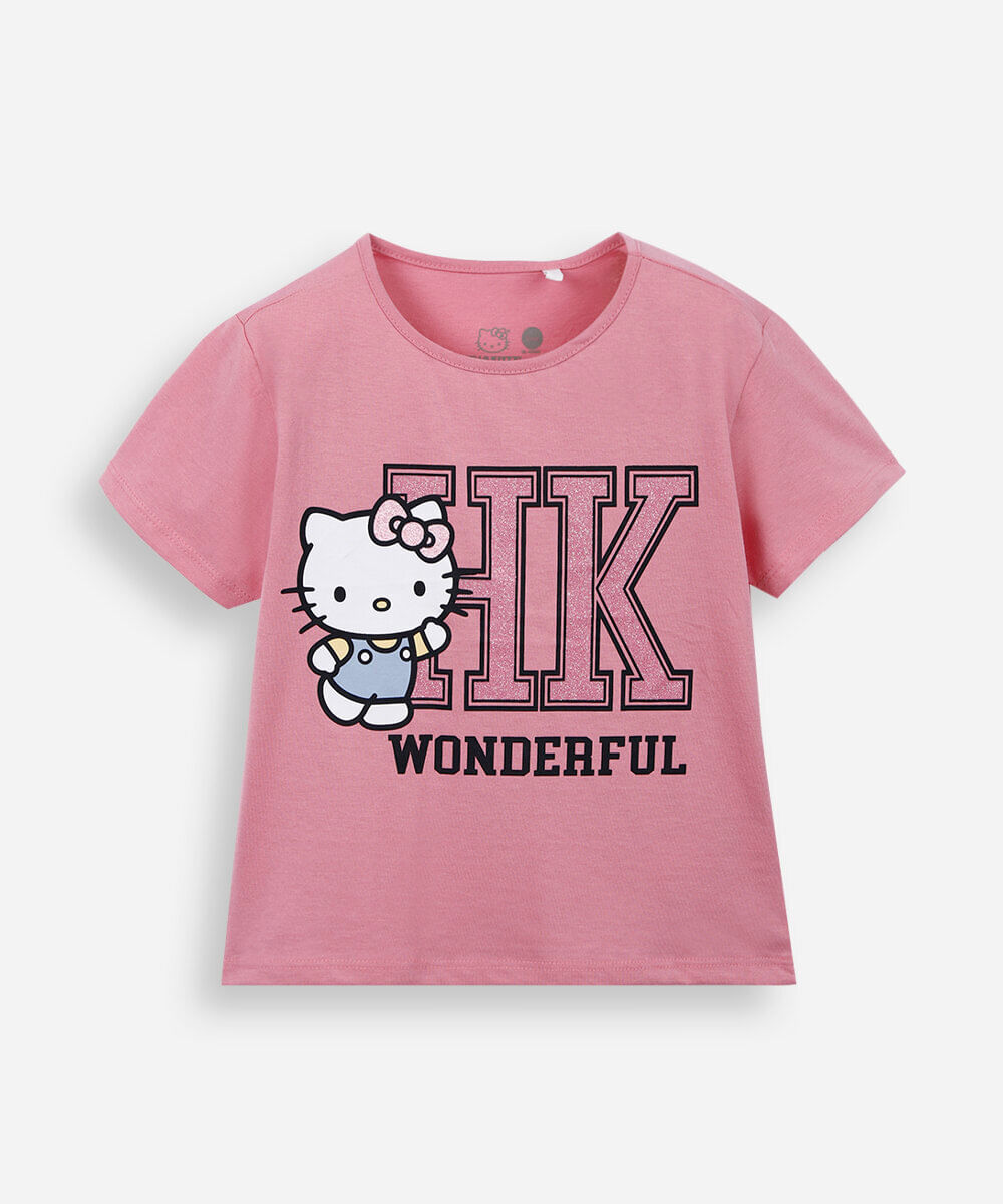 camiseta infantil hello kitty com bolsinha rosa