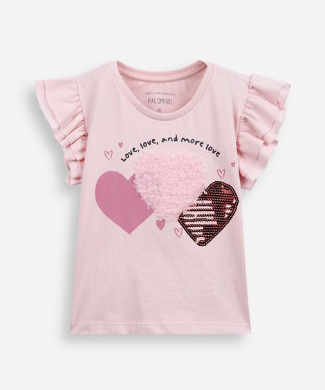 blusa infantil manga babado com paetê rosa