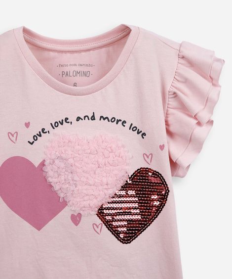 blusa infantil manga babado com paetê rosa