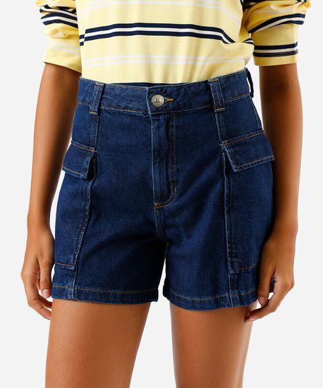 short mom feminino de sarja bolso cargo azul