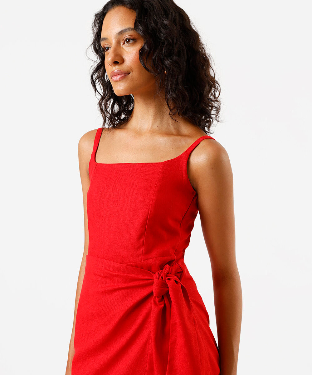 vestido pareô feminino com linho vermelho