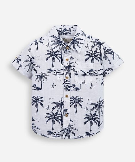 camisa de algodão infantil coqueiros manga curta com bolso branca