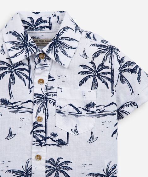 camisa de algodão infantil coqueiros manga curta com bolso branca