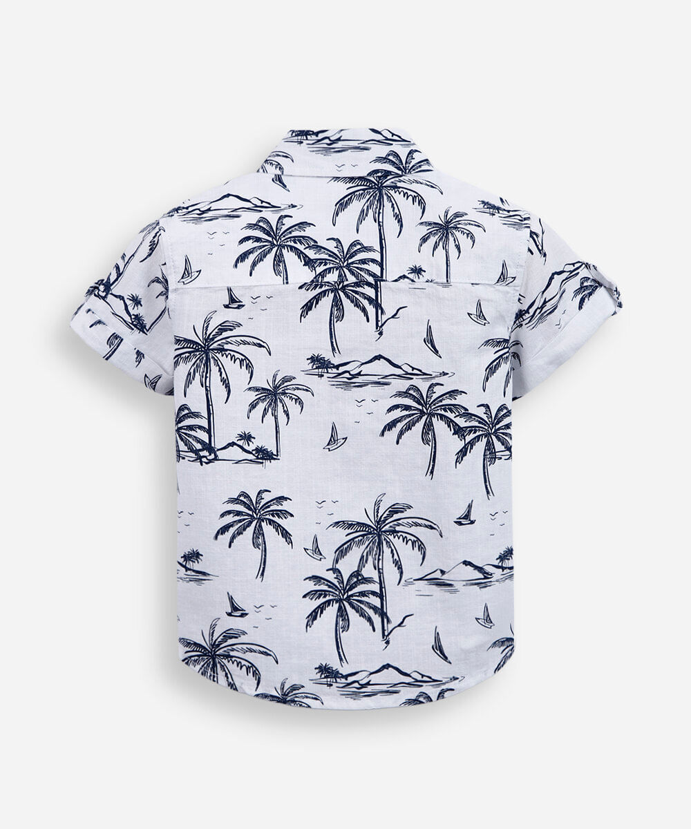 camisa de algodão infantil coqueiros manga curta com bolso branca