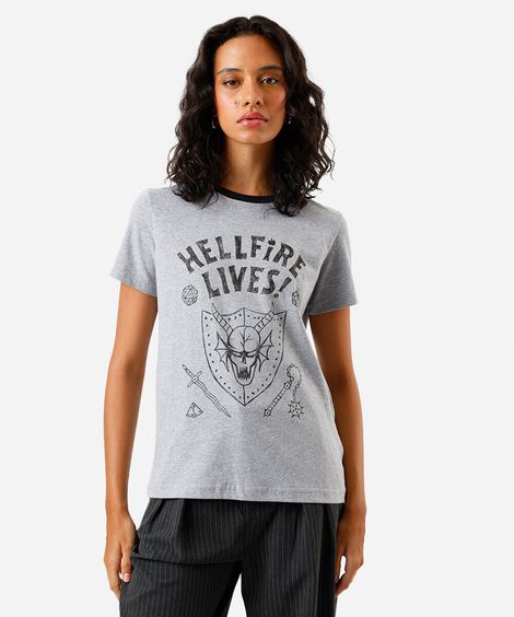 camiseta feminina de algodão stranger things cinza