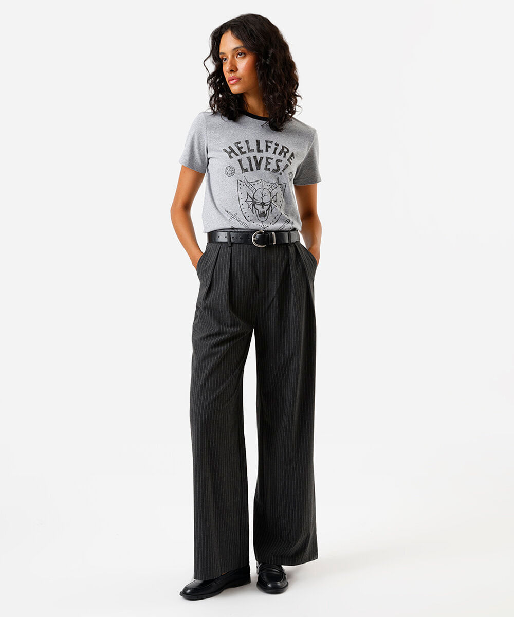 camiseta feminina de algodão stranger things cinza