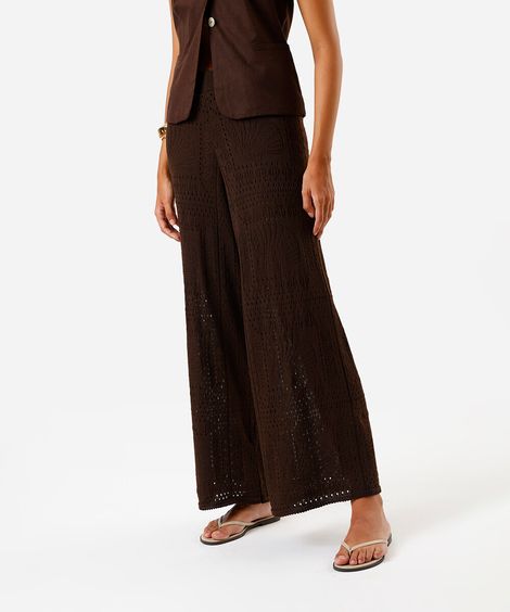 calça pantalona de tricot floral texturizada marrom