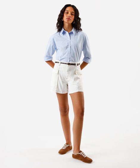 short mom feminino de sarja bolso cargo off white