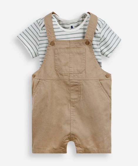 jardineira infantil sarja com camiseta listrada bege