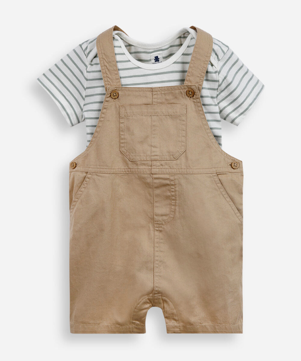jardineira infantil sarja com camiseta listrada bege