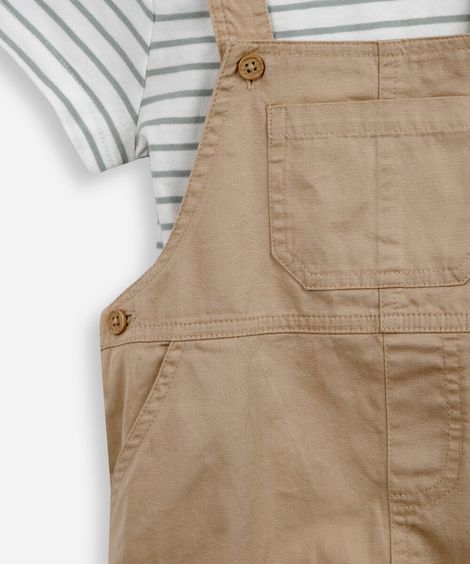 jardineira infantil sarja com camiseta listrada bege
