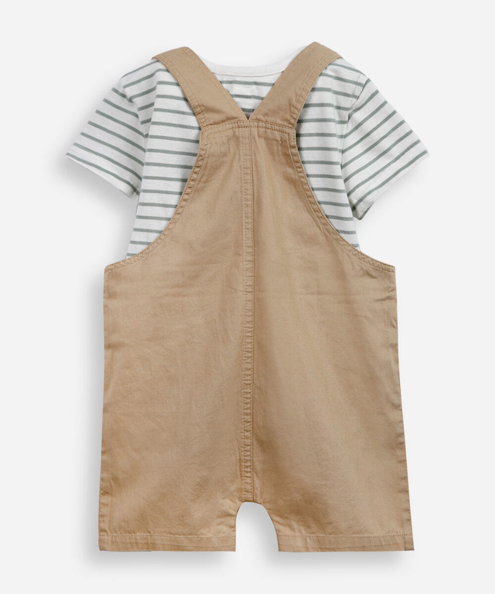 jardineira infantil sarja com camiseta listrada bege