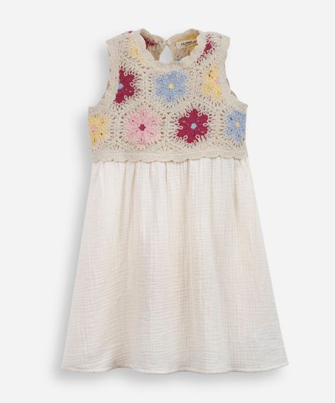 vestido curto infantil texturizado crochê bege