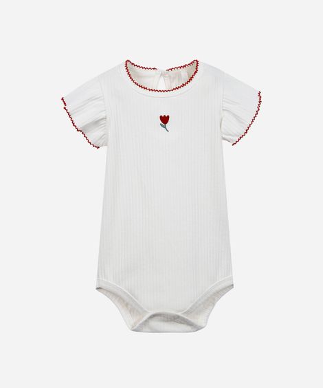 body baby manga curta de algodão flor babado off white
