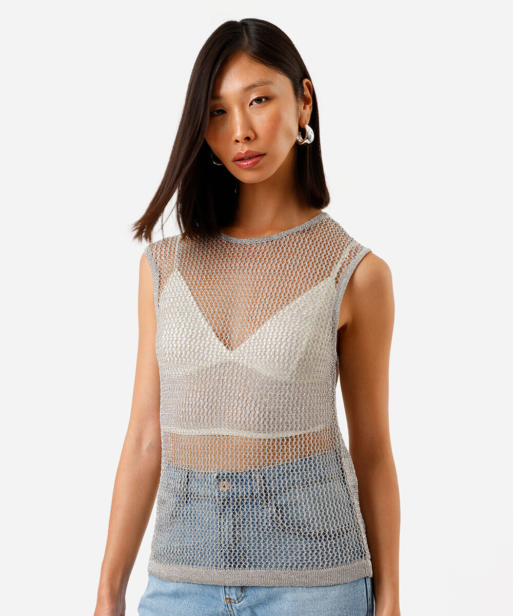 Regata de tricot feminina metalizada prata
