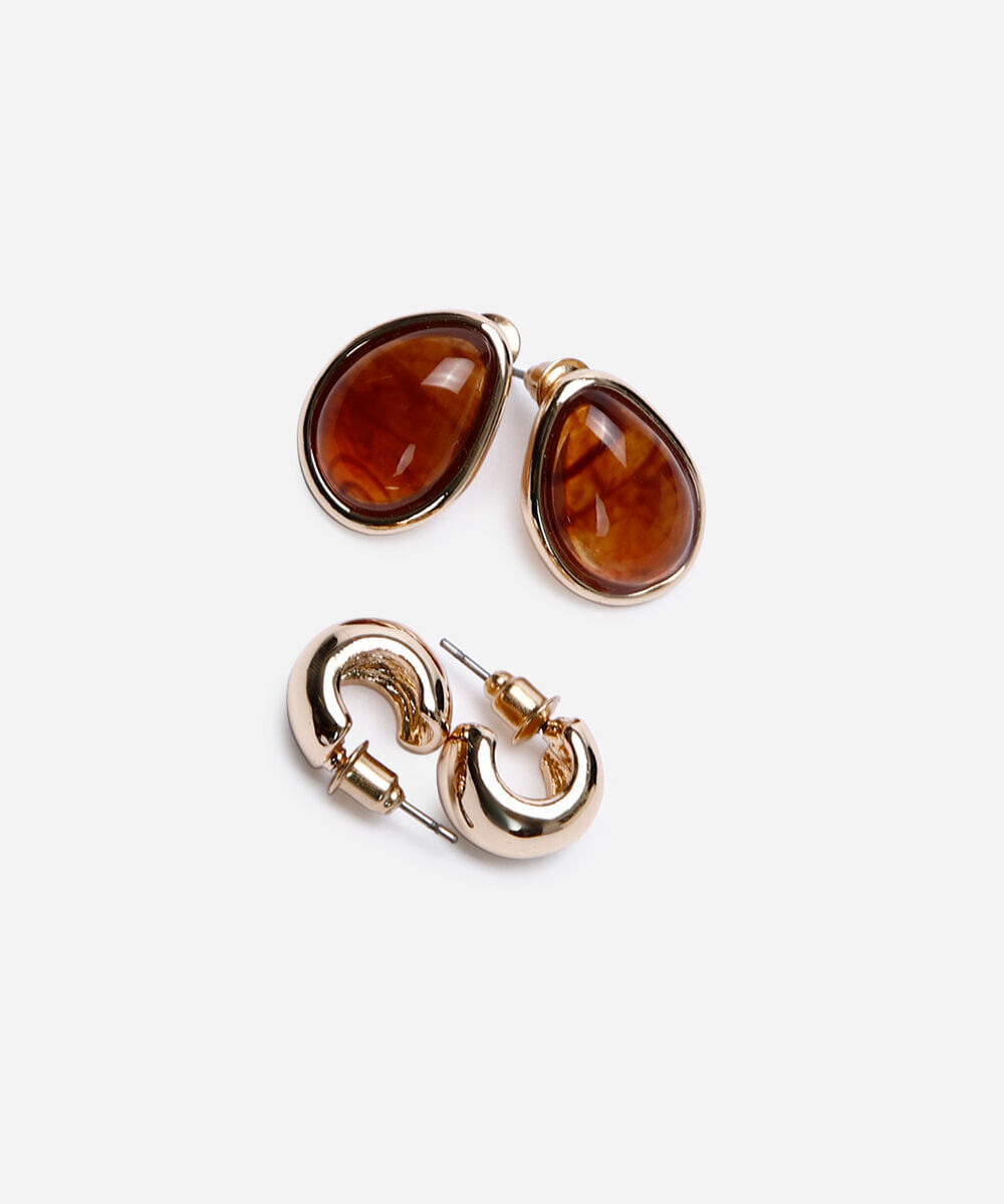 kit de 2 brincos argola e gota com resina dourado