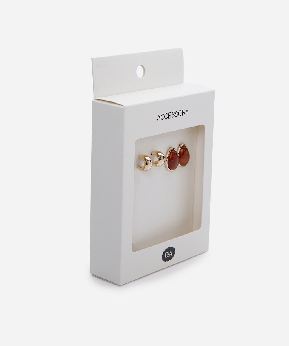 kit de 2 brincos argola e gota com resina dourado