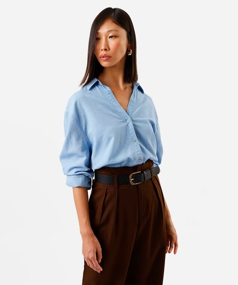 camisa feminina com linho manga longa azul