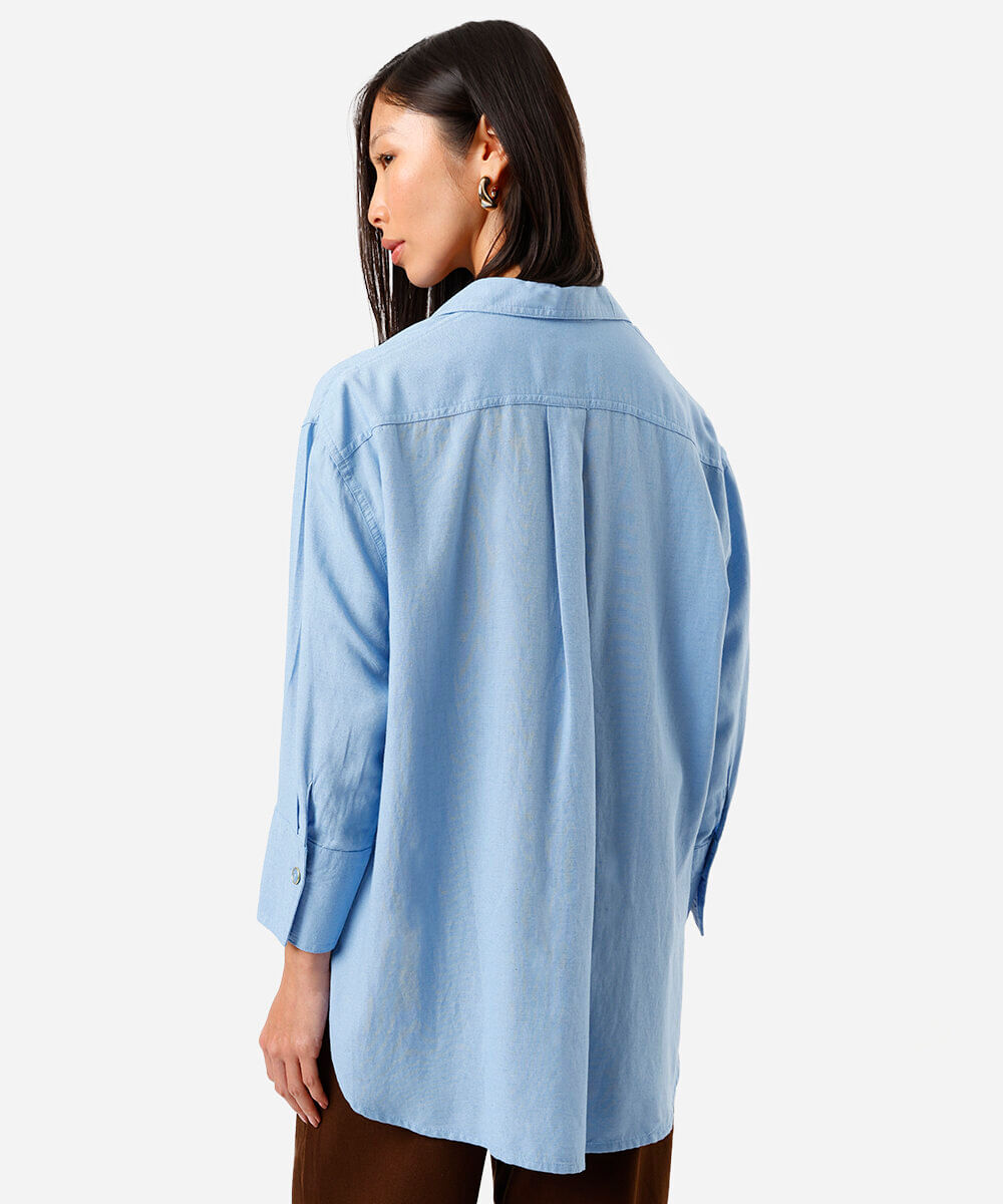 camisa feminina com linho manga longa azul