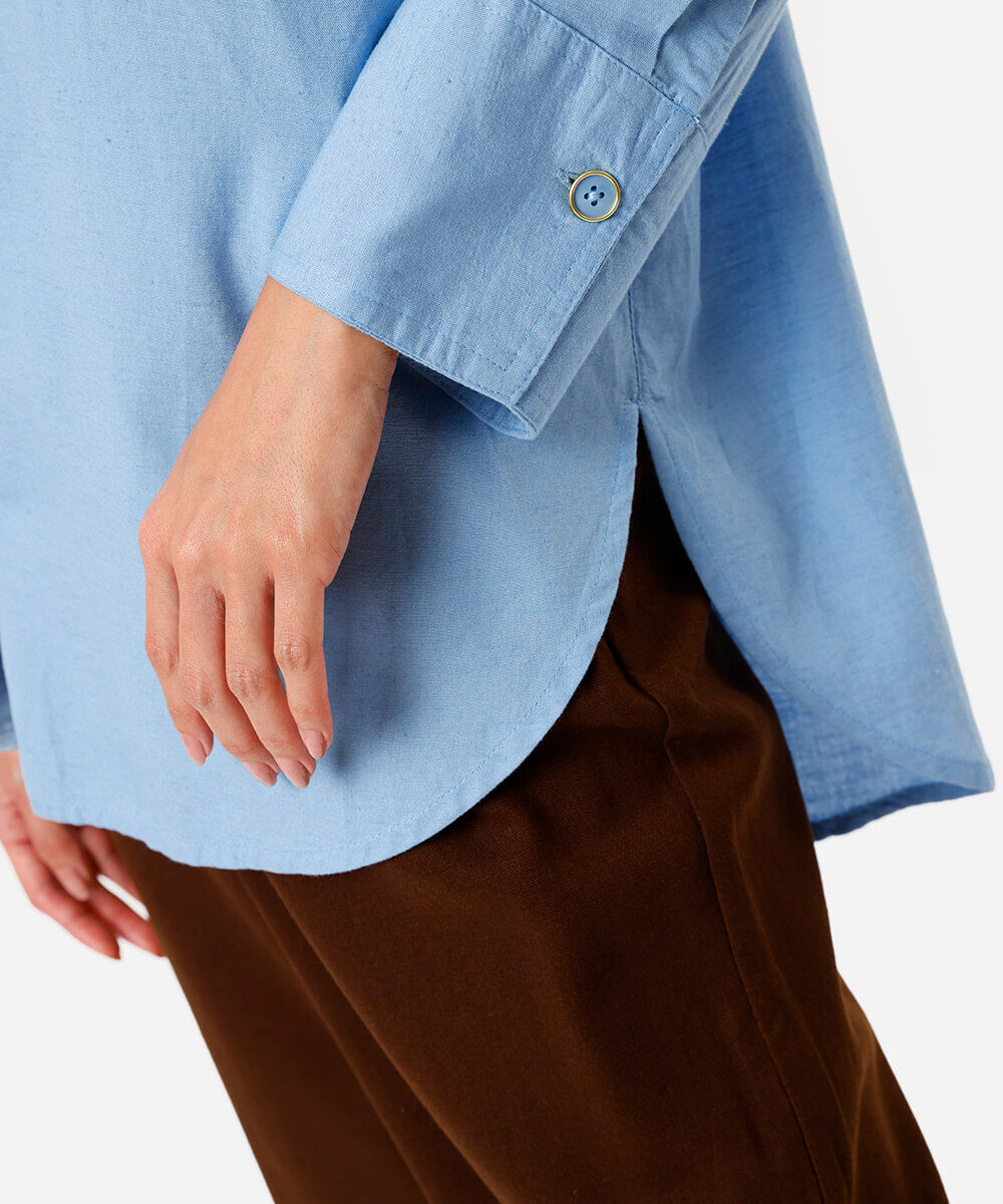 camisa feminina com linho manga longa azul