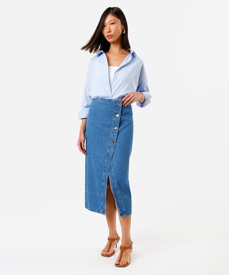 saia jeans transpassada com botões azul