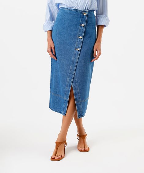 saia jeans transpassada com botões azul