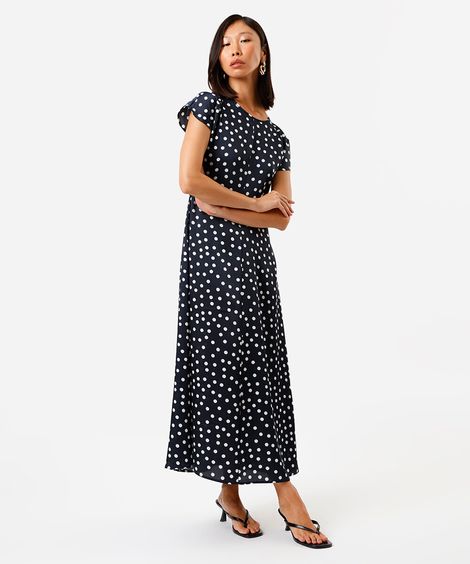 vestido midi feminino mangas curtas poá azul