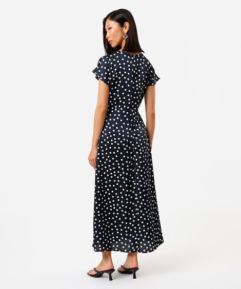 vestido midi feminino mangas curtas poá azul