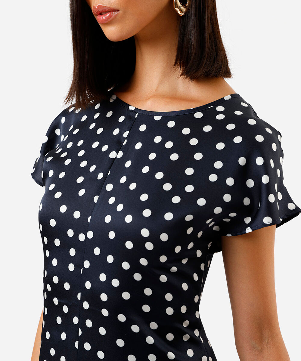 vestido midi feminino mangas curtas poá azul