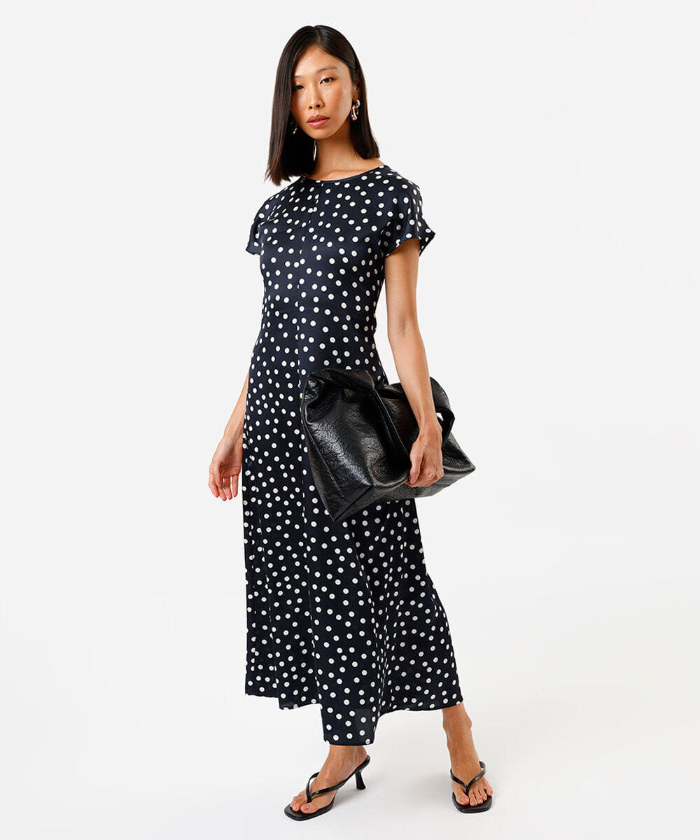 vestido midi feminino mangas curtas poá azul