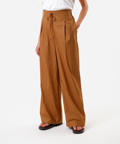 calça reta de algodão com amarração marrom
