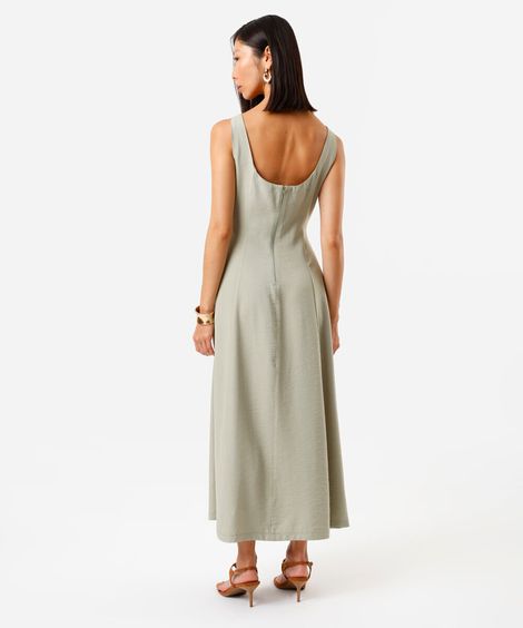 vestido midi feminino de viscose evasê com recortes verde