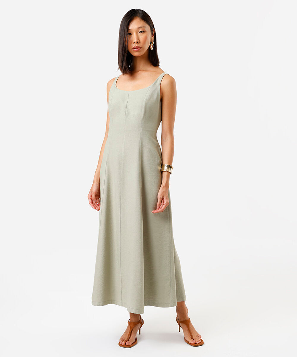 vestido midi feminino de viscose evasê com recortes verde